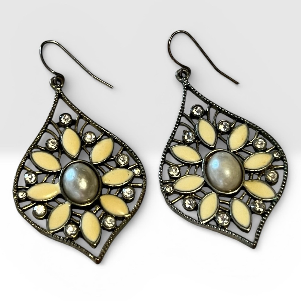 Silver-Tone Flower Dangle Earrings w/ Faux Pearls & Cream Stones Festival Wear